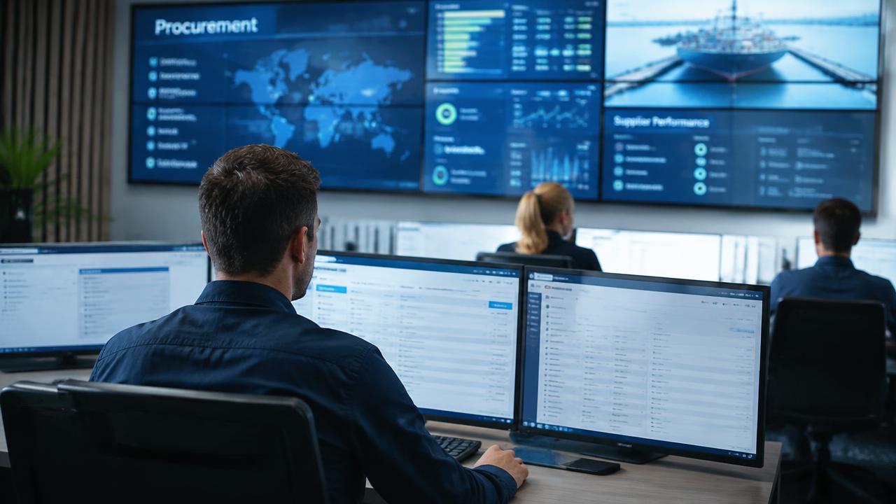 Operations team reviewing procurement dashboards on large screens